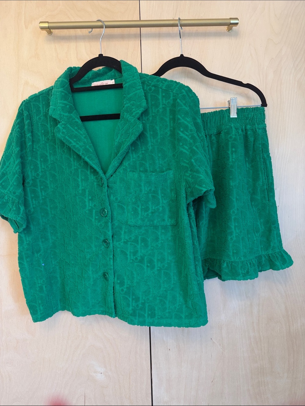 Ivy City Co Emerald Green Terry Cloth Button-Up Top & Ruffle short Set